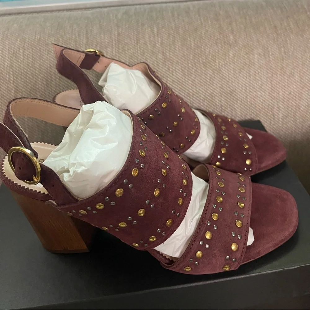 J. Crew Stella Bright Ruby Burgundy Studded Block Heel Sandals - Picture 5 of 5